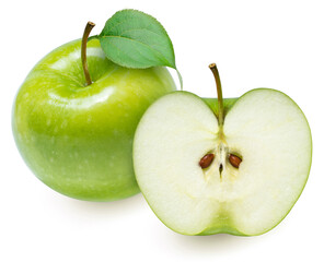 Green apples isolated on white  background, Fresh Green Apple with leaf Isolated on White Background, with clipping path