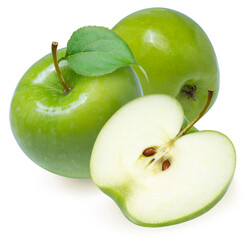 Green apples isolated on white  background, Fresh Green Apple with leaf Isolated on White Background, with clipping path