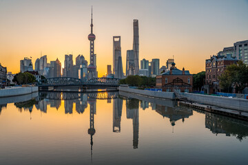 The sunrise view of Lujiazui, the financial district and landmark in Shanghai, China.