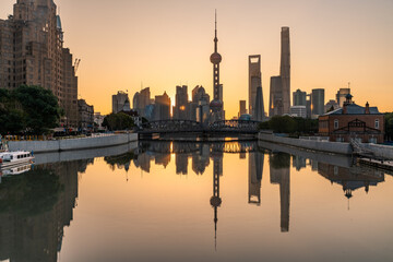 The sunrise view of Lujiazui, the financial district and landmark in Shanghai, China.