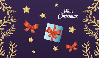 happy merry christmas card with gift and stars