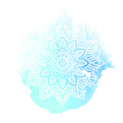 Round white mandala isolated on colorful background. Mandala on top of watercolor blotch. Beautiful pattern.