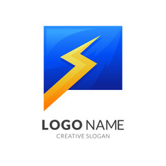 flash chat logo, chat and thunder, combination logo with 3d blue and yellow color style