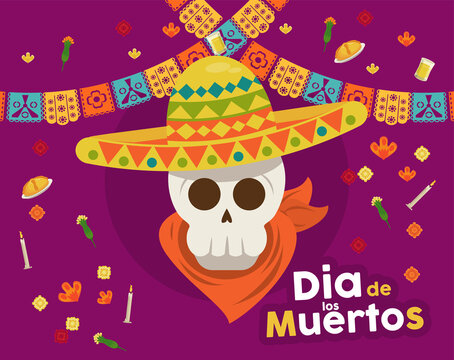dia de los muertos poster with mariachi skull and garlands