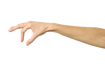 Hand picking, holding, grabbing or reaching. Woman hand gesturing isolated on white