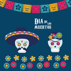 dia de los muertos poster with skulls couple and garlands