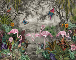 wallpaper jungle and tropical forest banana palm and tropical birds, old drawing