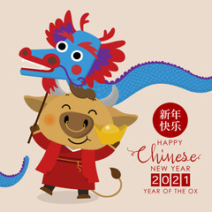 Naklejka premium Happy Chinese new year greeting card. 2021 Ox zodiac. Cute cow and gold dragon dance. Animal holidays cartoon character. Translate: Happy new year -Vector