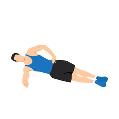Man doing side plank. Abdominals exercise. Flat vector illustration isolated on white background.Editable file with layers