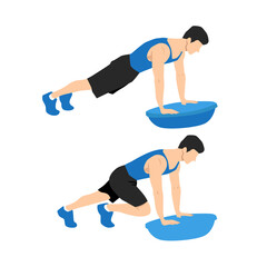 Man doing bosu ball mountain climber. Abdominals exercise. Flat vector illustration isolated on white background.Editable file with layers