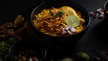 Northern Thai food, Noodles curry soup with Chicken (Khao Soi)