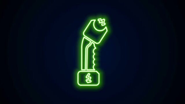 Glowing neon line Police electric shocker icon isolated on black background. Shocker for protection. Taser is an electric weapon. 4K Video motion graphic animation.