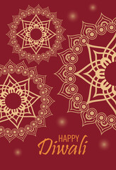 happy diwali celebration with golden mandalas in red background