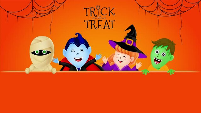 Halloween cartoon character holding blank paper banner for text. Zombie, Dracula, Mummy and Witch. Animation