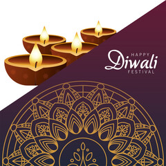happy diwali celebration with four candles wooden and golden mandala