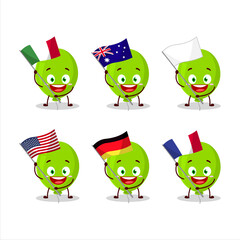 Green balloon cartoon character bring the flags of various countries