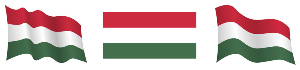 flag of hungary in static position and in motion, developing in wind in exact colors and sizes, on white background