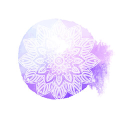 Round white mandala isolated on colorful background. Mandala on top of watercolor blotch. Beautiful pattern.