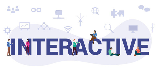 interactive concept with modern big text or word and people with icon related modern flat style