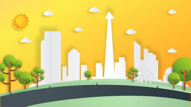 animated cartoon videos. animated video depicting the atmosphere of the capital city of Jakarta which is full of buildings. Monas as an icon of Jakarta.