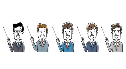 イラスト素材：ビジネスマン、レクチャー、説明する男性、パニック、セット、コレクション
