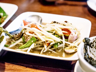 Selective Focus.Thailand food favorite asian foreign taste delicious cuisine gourmet  spicy chili for diet healty clean fresh is a national dish restaurant thiis call somtam include tomato nut papaya