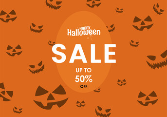 Happy Halloween text with pumpkins on dark yellow background, Halloween sale off up to 50 percent, Halloween banners design for promotions of sale, Halloween shopping promo, vector. eps10.