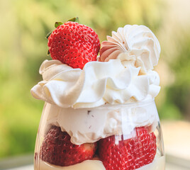 Bowl with cream and whipped cream with strawberries