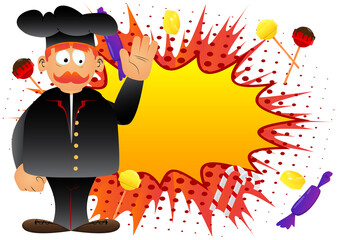 Fat male cartoon chef in uniform with waving hand. Vector illustration.