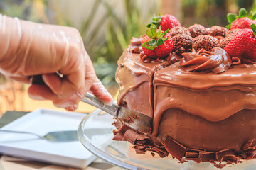 Chocolate cake with strawberry and cream