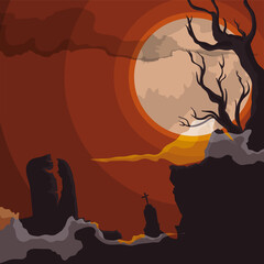 Night in a Graveyard with Spooky Branches and Tombstones, Vector Illustration