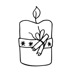 Candle decorated with a ribbon with snowflakes and cinnamon sticks.  Christmas decoration.  Contour drawing.  Vector.
