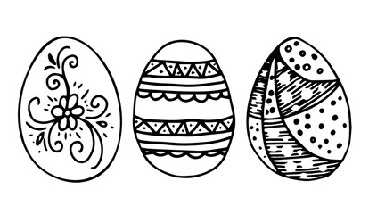 A set of three contour drawn Easter eggs with different patterns. For greeting cards, stickers. Vector illustration. Doodle style.
