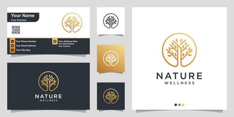 Nature logo with simple golden tree concept and business card design Premium Vector