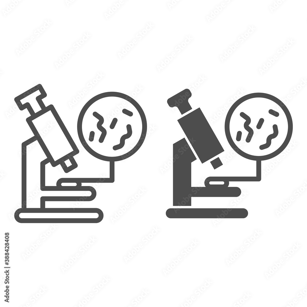 Poster microscope and bacteria line and solid icon, medical concept, magnifying tool sign on white backgrou