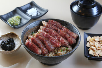 A piece of A5 Hida beef on top a rice bowl
