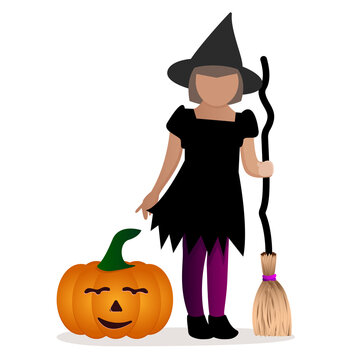 cute witch girl with broom and pumpkin. Girl kid in halloween costume.