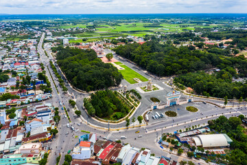 Aerial view of followers and Cao Dai temple in Mid Autumn festival of Cao Dai people ( Caodaism) in Tay Ninh, Vietnam. Travel and religious concept