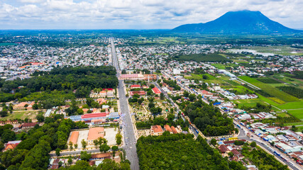 Aerial view of followers and Cao Dai temple in Mid Autumn festival of Cao Dai people ( Caodaism) in Tay Ninh, Vietnam. Travel and religious concept