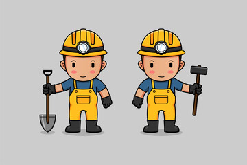 Miner carrying shovel and hammer