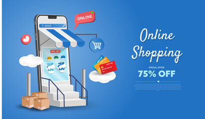 Online shopping store on website and mobile phone design. Smart business marketing concept. Horizontal view. Vector Illustration.