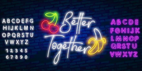 Neon sign Better together postcard. Vector positive sayings . Neon light illustration. Modern white neon. Isolated on dark background.