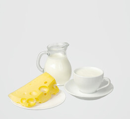 Milk in a jug and in a white cup, a piece of cheese on a saucer.