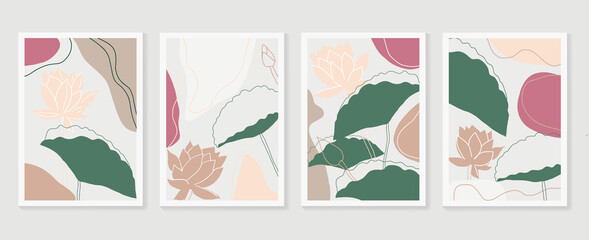 Lotus wall art vector set. Earth tone boho foliage line art drawing with  abstract shape.  Abstract Plant Art design for print, cover, wallpaper, Minimal and  natural wall art..