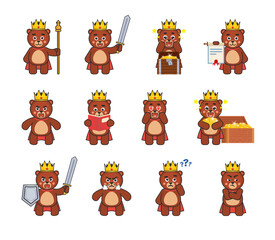 Set of bear king characters showing various actions. Chibi bear king reading book, holding scroll, sword, thinking and showing other actions. Vector illustration