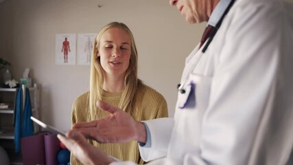 Caucasian young female patient looking at doctor showing her medical report on digital tablet - Powered by Adobe