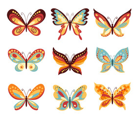 Set of vector cartoon butterflies on white. Various shapes of wings of butterfly and decoration on them.