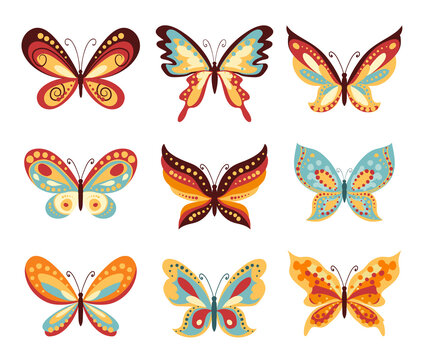 Set of vector cartoon butterflies on white. Various shapes of wings of butterfly and decoration on them.