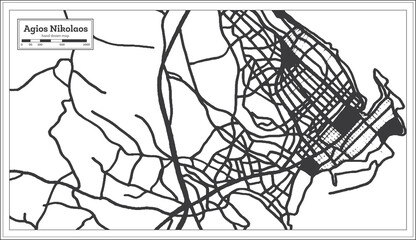 Agios Nikolaos Greece City Map in Black and White Color in Retro Style. Outline Map.