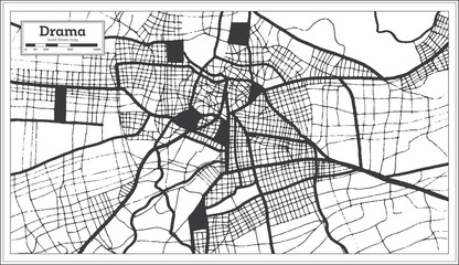 Drama Greece City Map in Black and White Color in Retro Style. Outline Map.